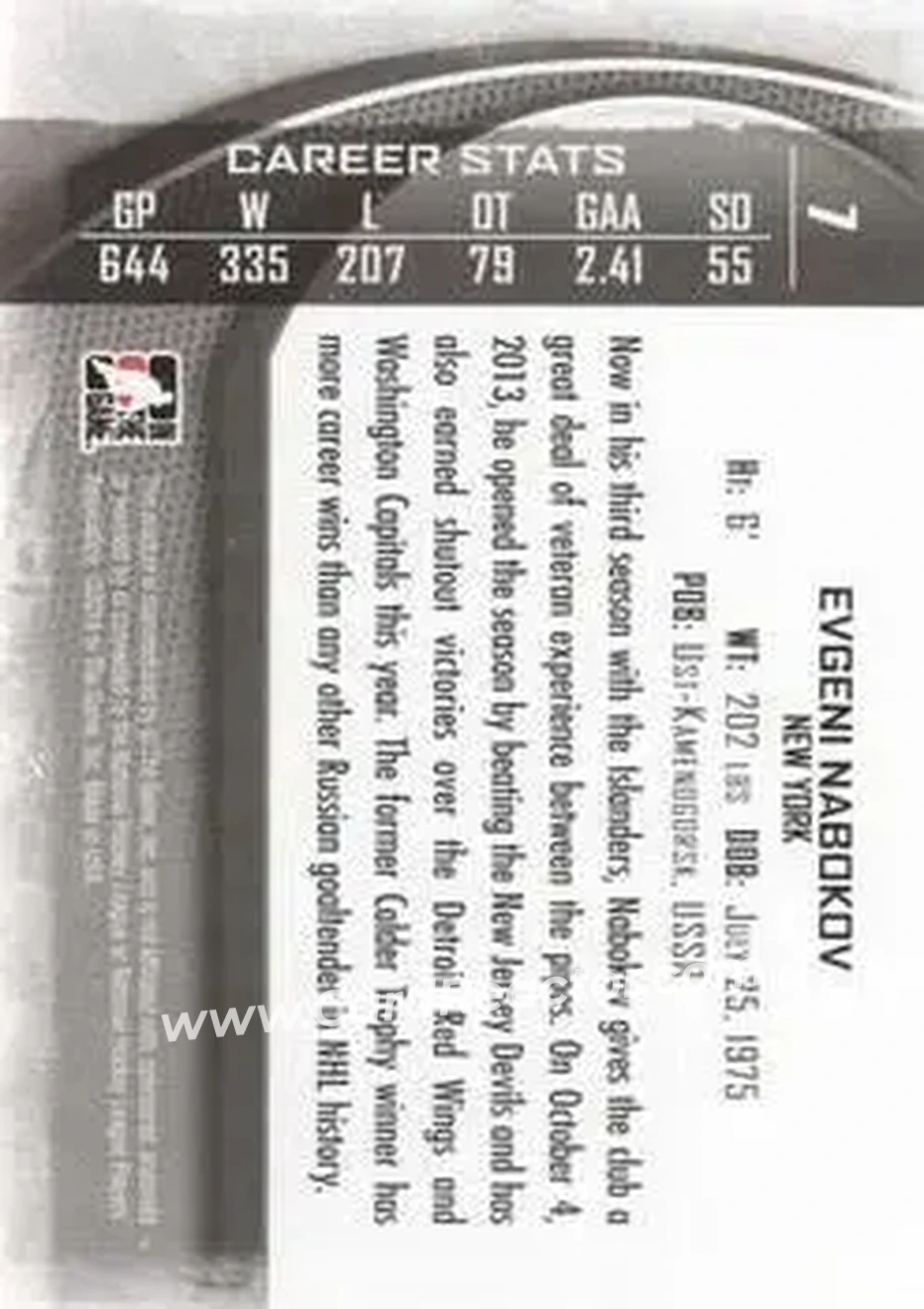 2013-14 In The Game Between the Pipes #7 - Evgeni Nabokov - New York Islanders - Back