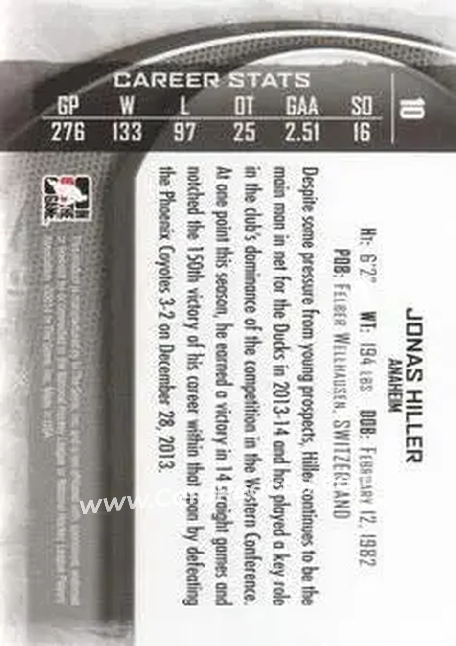 2013-14 In The Game Between the Pipes #10 - Jonas Hiller - Anaheim Ducks - Back