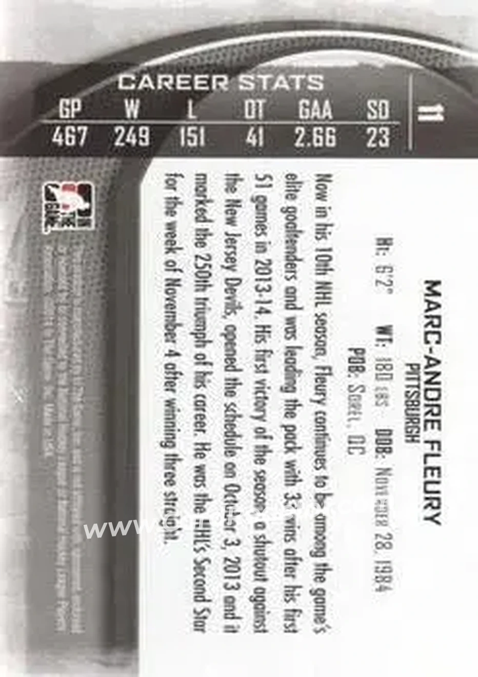 2013-14 In The Game Between the Pipes #11 - Marc-Andre Fleury - Pittsburgh Penguins - Back