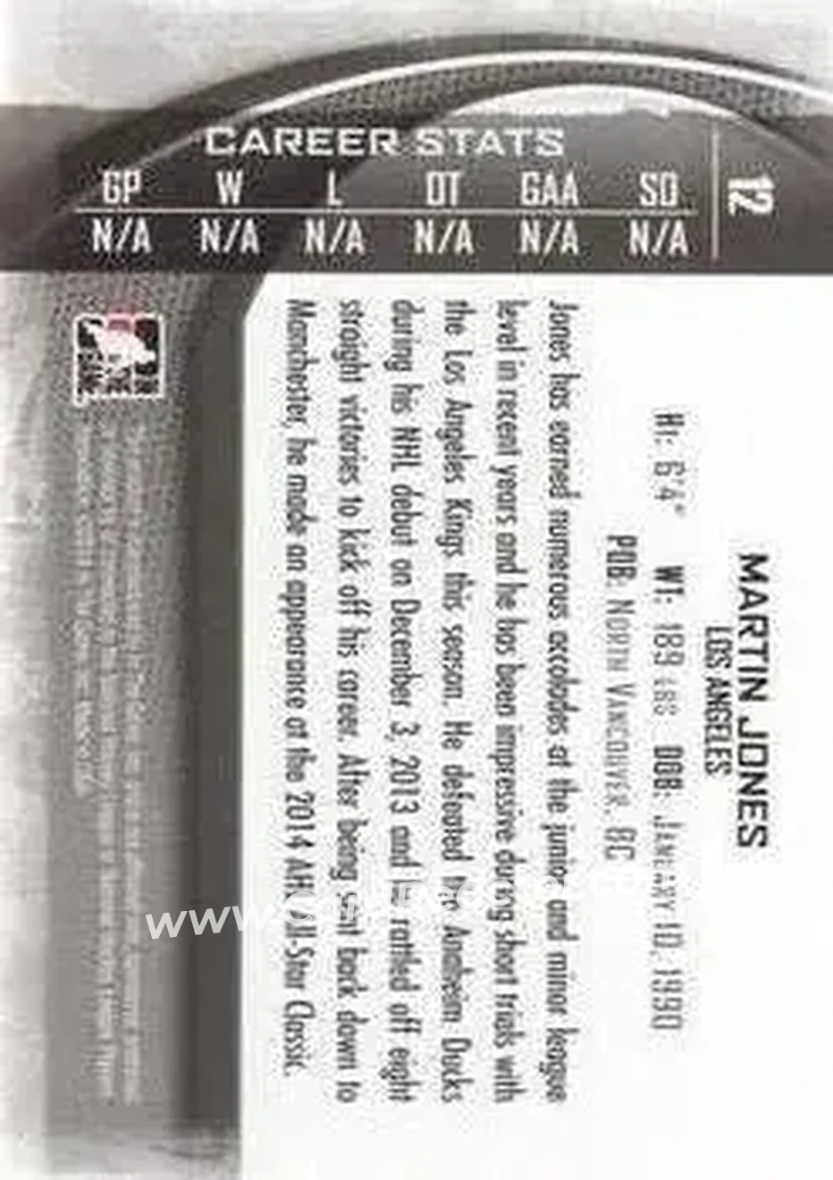 2013-14 In The Game Between the Pipes #12 - Martin Jones - Los Angeles Kings - Back