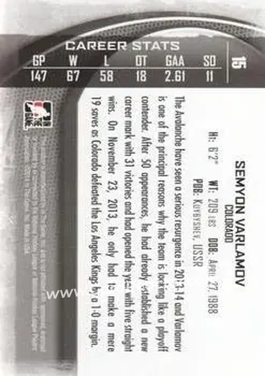 2013-14 In The Game Between the Pipes #15 - Semyon Varlamov - Colorado Avalanche - Back