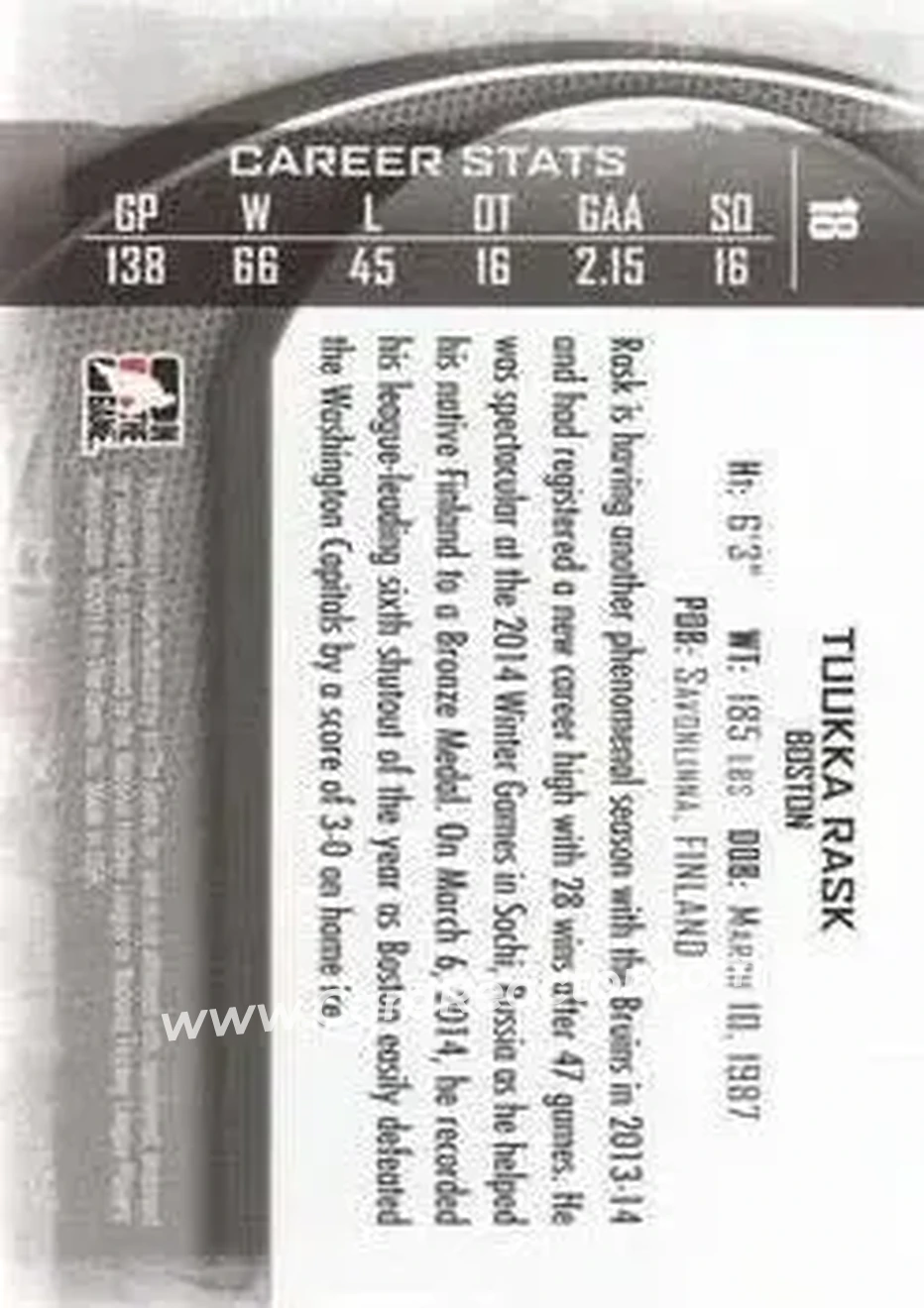 2013-14 In The Game Between the Pipes #18 - Tuukka Rask - Boston Bruins - Back