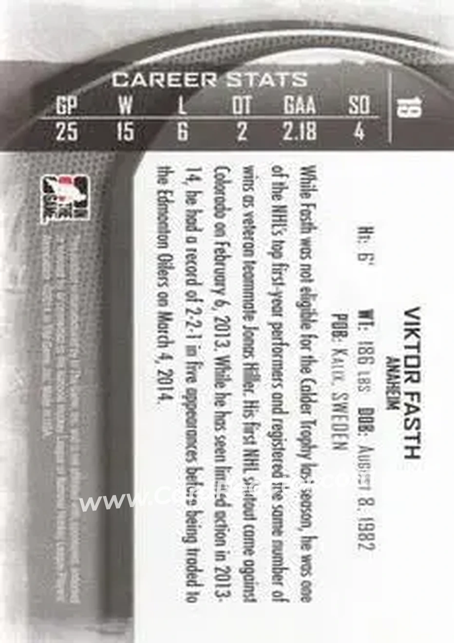 2013-14 In The Game Between the Pipes #19 - Viktor Fasth - Anaheim Ducks - Back