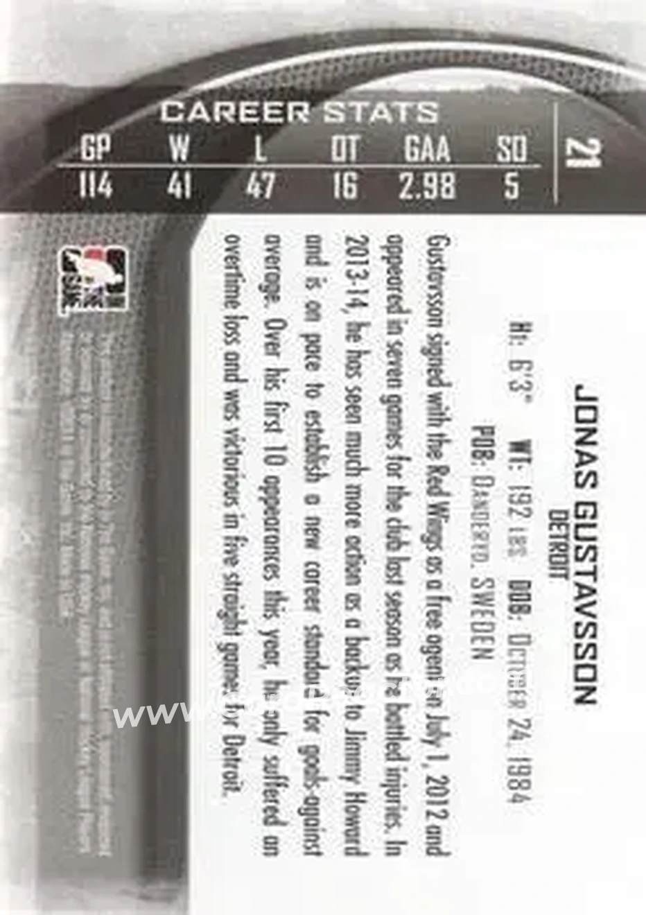 2013-14 In The Game Between the Pipes #21 - Jonas Gustavsson - Detroit Red Wings - Back