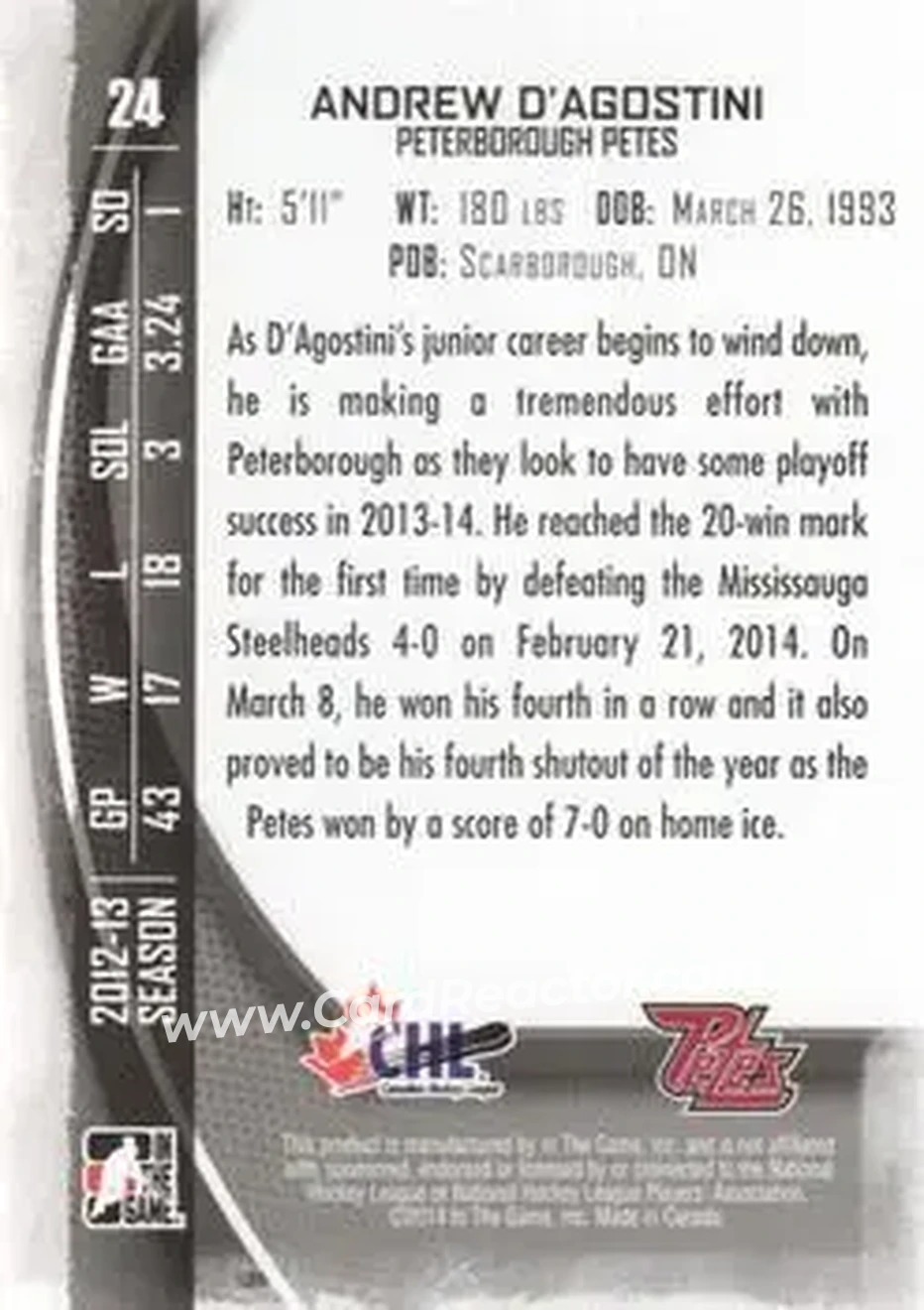 2013-14 In The Game Between the Pipes #24 - Andrew D'Agostini - Peterborough Petes - Back