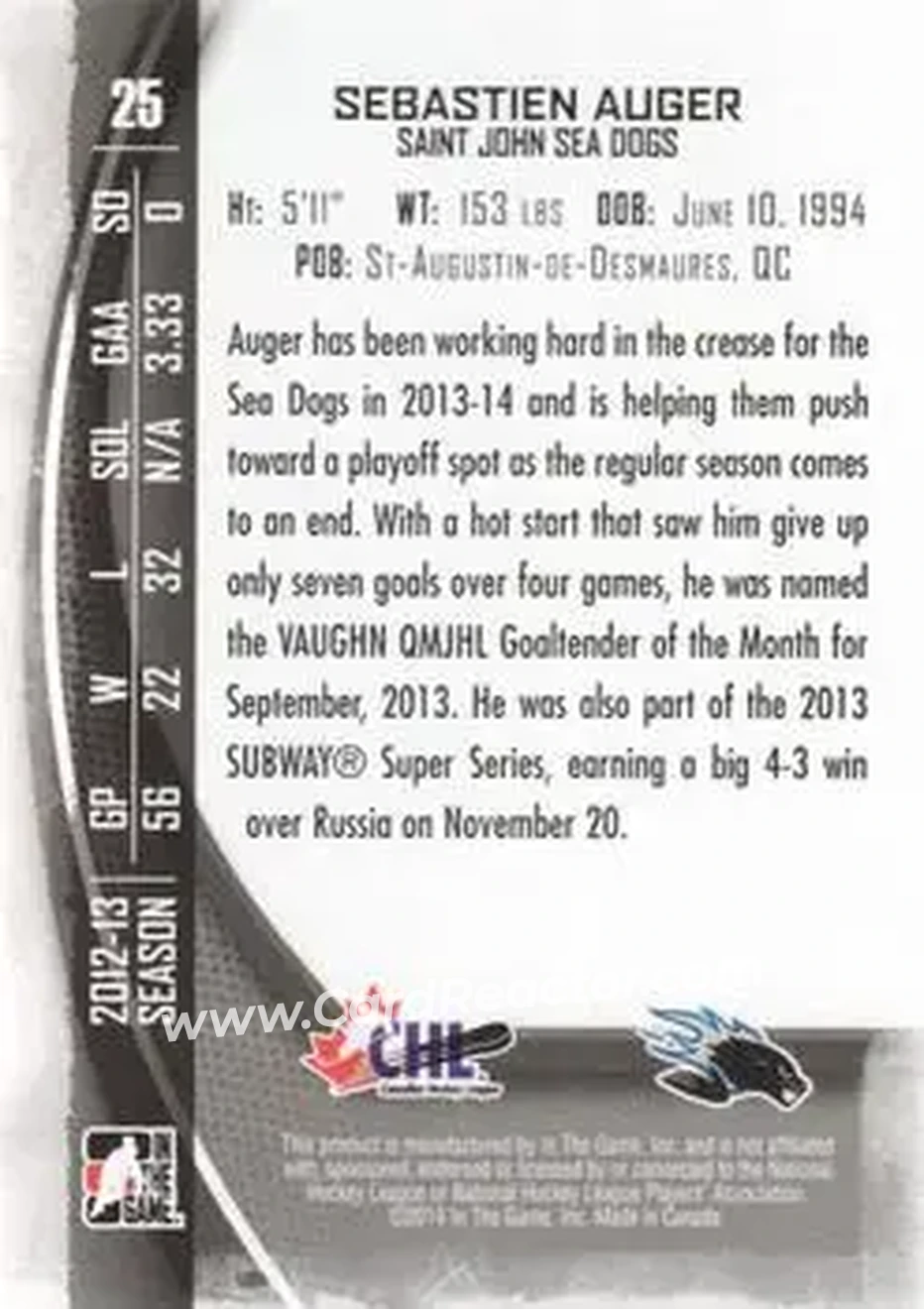 2013-14 In The Game Between the Pipes #25 - Sebastien Auger - Saint John Sea Dogs - Back