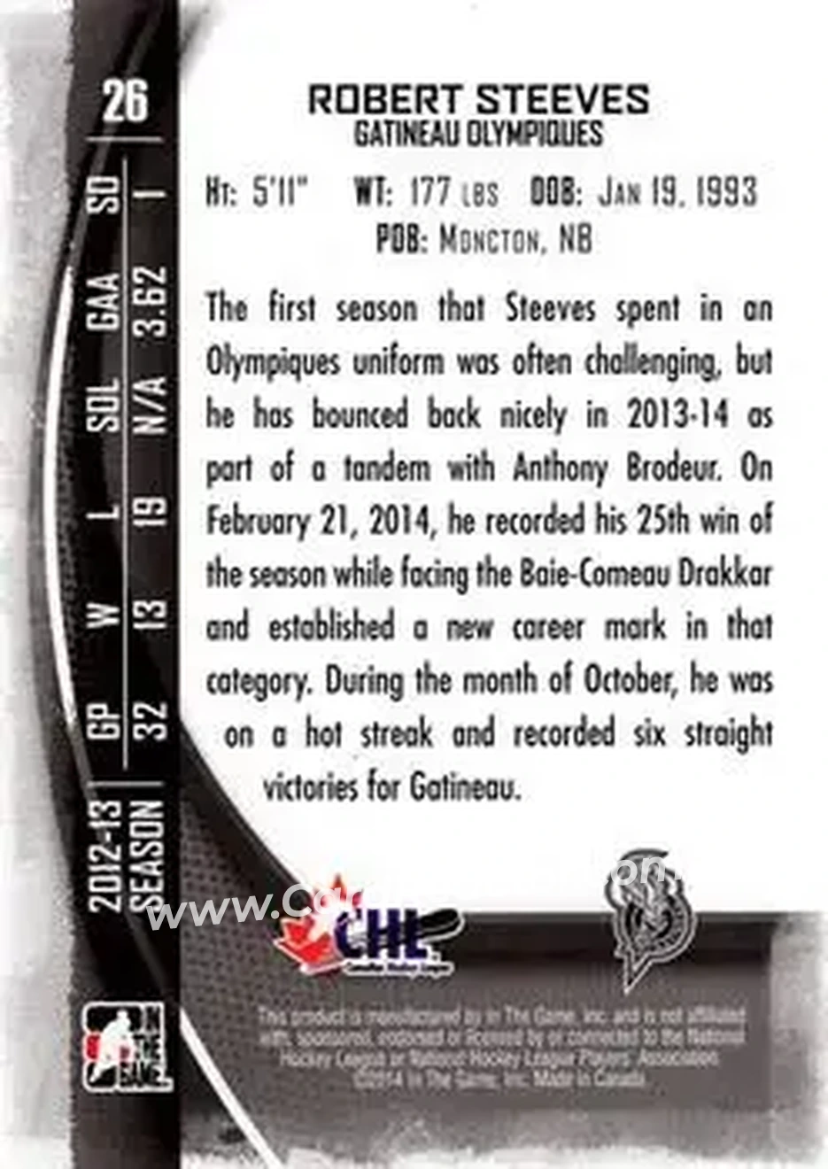 2013-14 In The Game Between the Pipes #26 - Robert Steeves - Gatineau Olympiques - Back