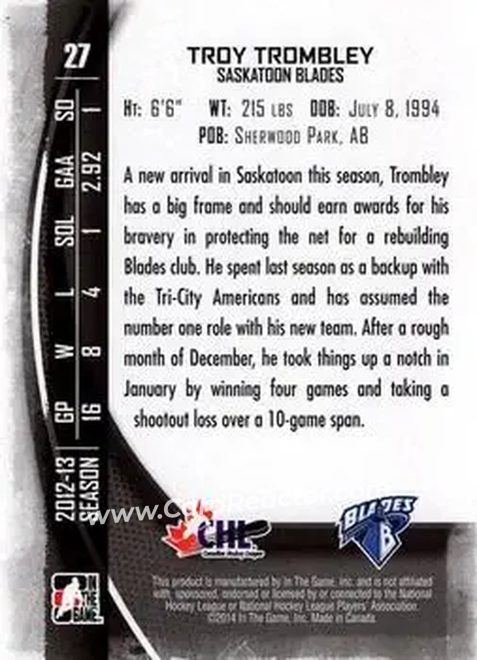 2013-14 In The Game Between the Pipes #27 - Troy Trombley - Saskatoon Blades - Back