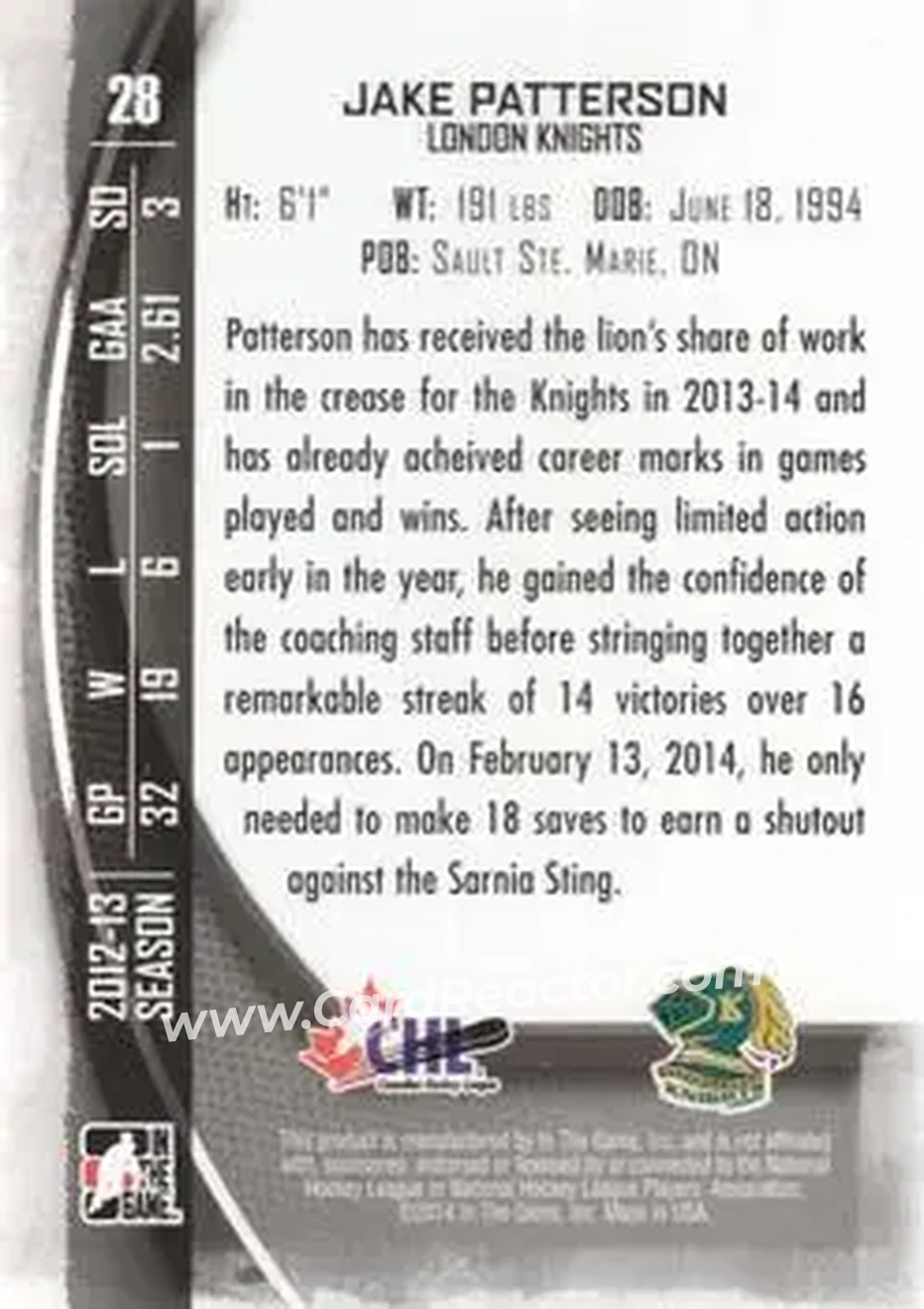2013-14 In The Game Between the Pipes #28 - Jake Patterson - London Knights - Back