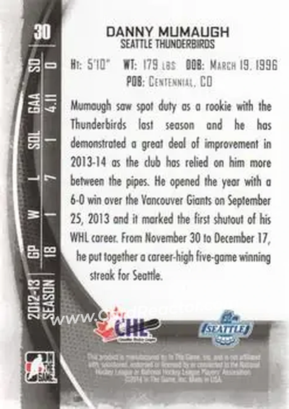2013-14 In The Game Between the Pipes #30 - Danny Mumaugh - Seattle Thunderbirds - Back