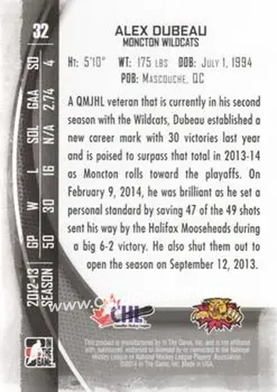 2013-14 In The Game Between the Pipes #32 - Alex Dubeau - Moncton Wildcats - Back