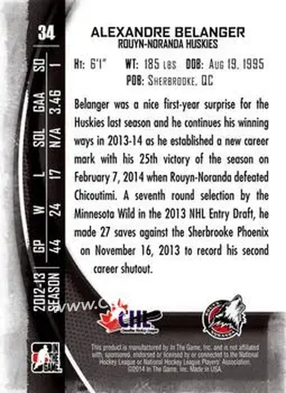 2013-14 In The Game Between the Pipes #34 - Alexandre Belanger - Rouyn-Noranda Huskies - Back 2013-14 In The Game Between the Pipes #34 - Alexandre Belanger - Rouyn-Noranda Huskies - Back