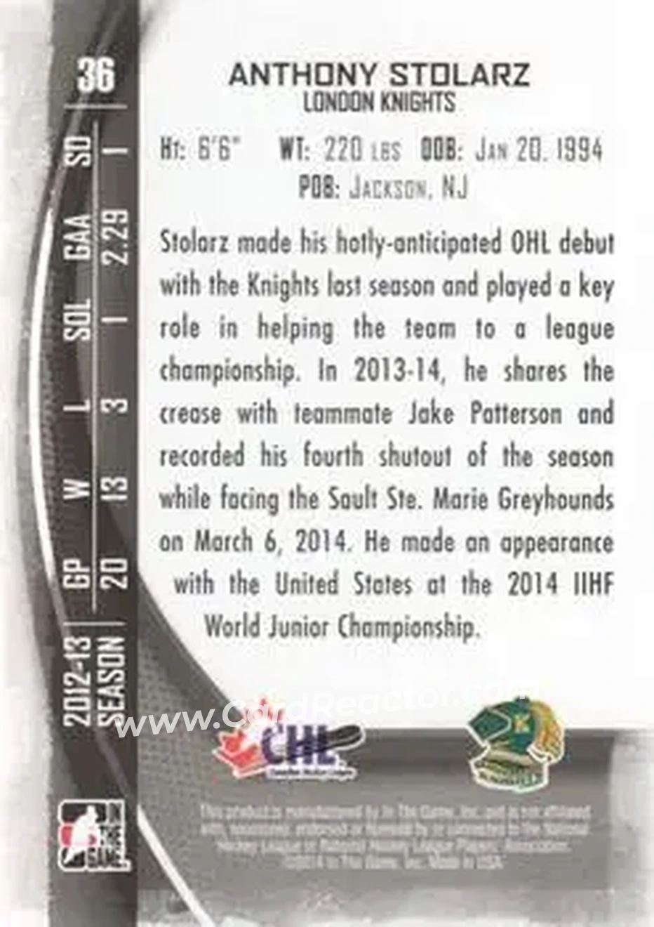 2013-14 In The Game Between the Pipes #36 - Anthony Stolarz - London Knights - Back