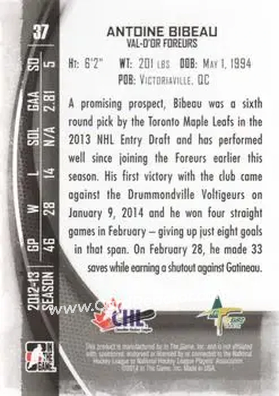 2013-14 In The Game Between the Pipes #37 - Antoine Bibeau - Val-d'Or Foreurs - Back