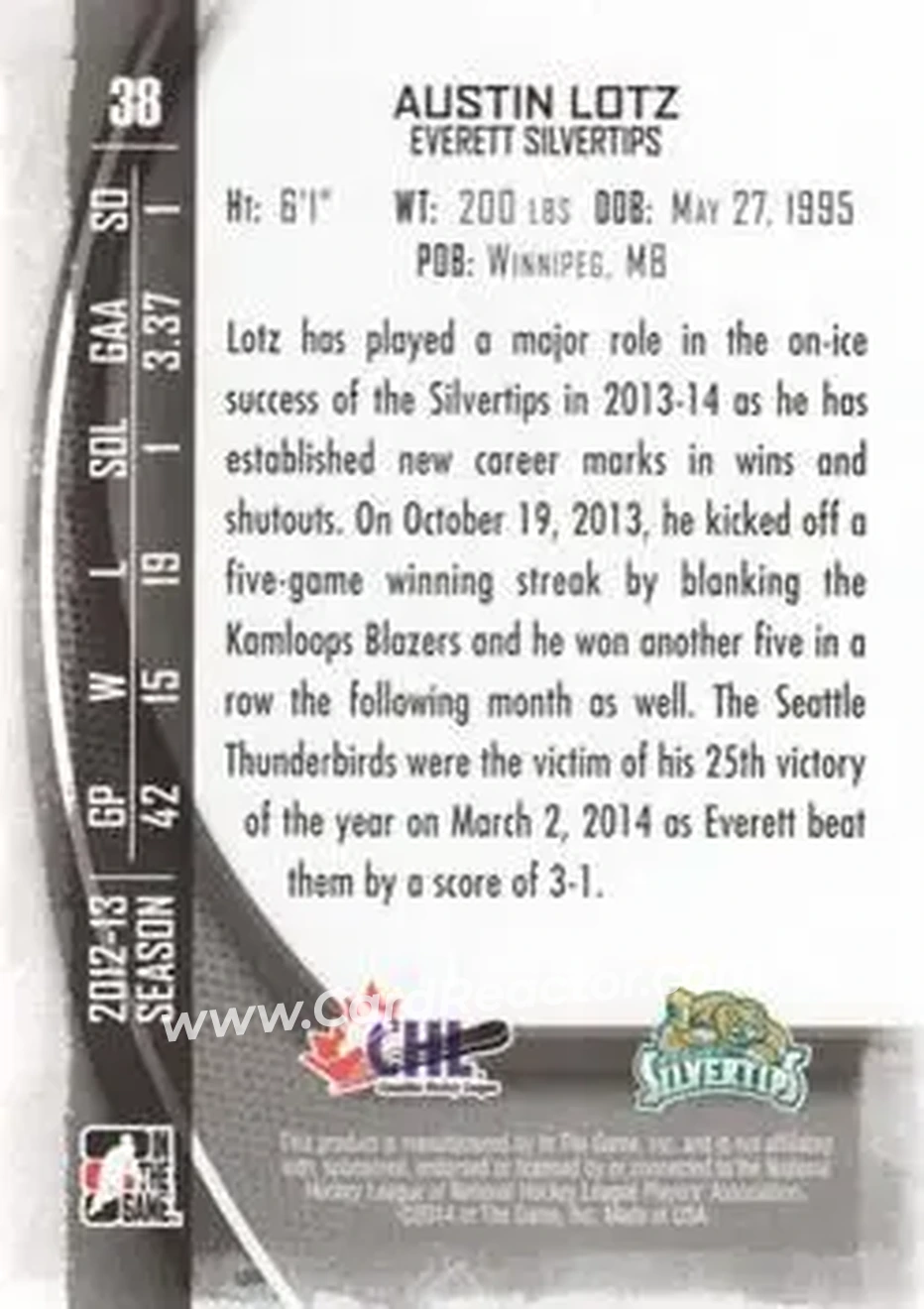 2013-14 In The Game Between the Pipes #38 - Austin Lotz - Everett Silvertips - Back