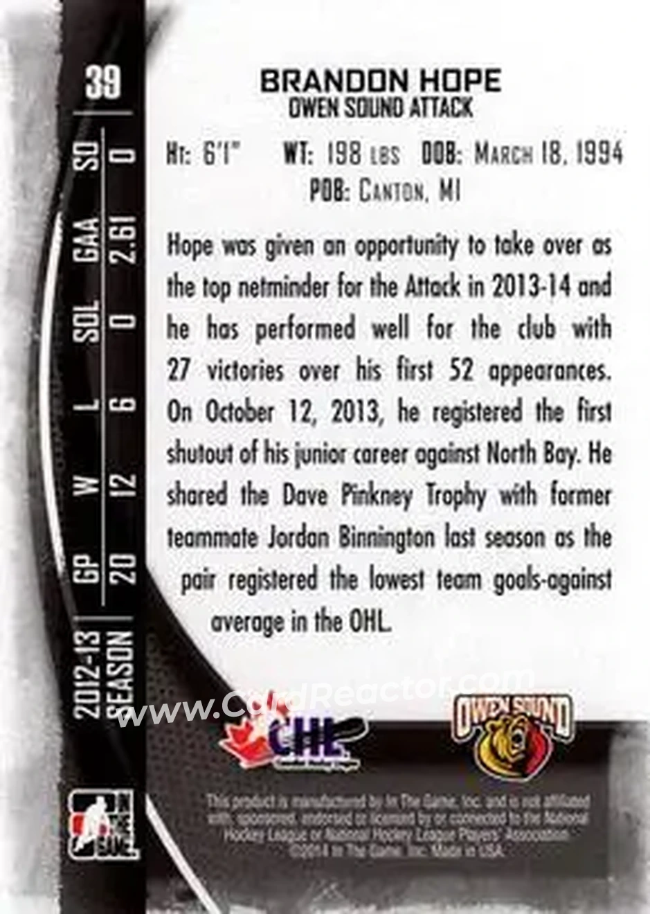 2013-14 In The Game Between the Pipes #39 - Brandon Hope - Owen Sound Attack - Back
