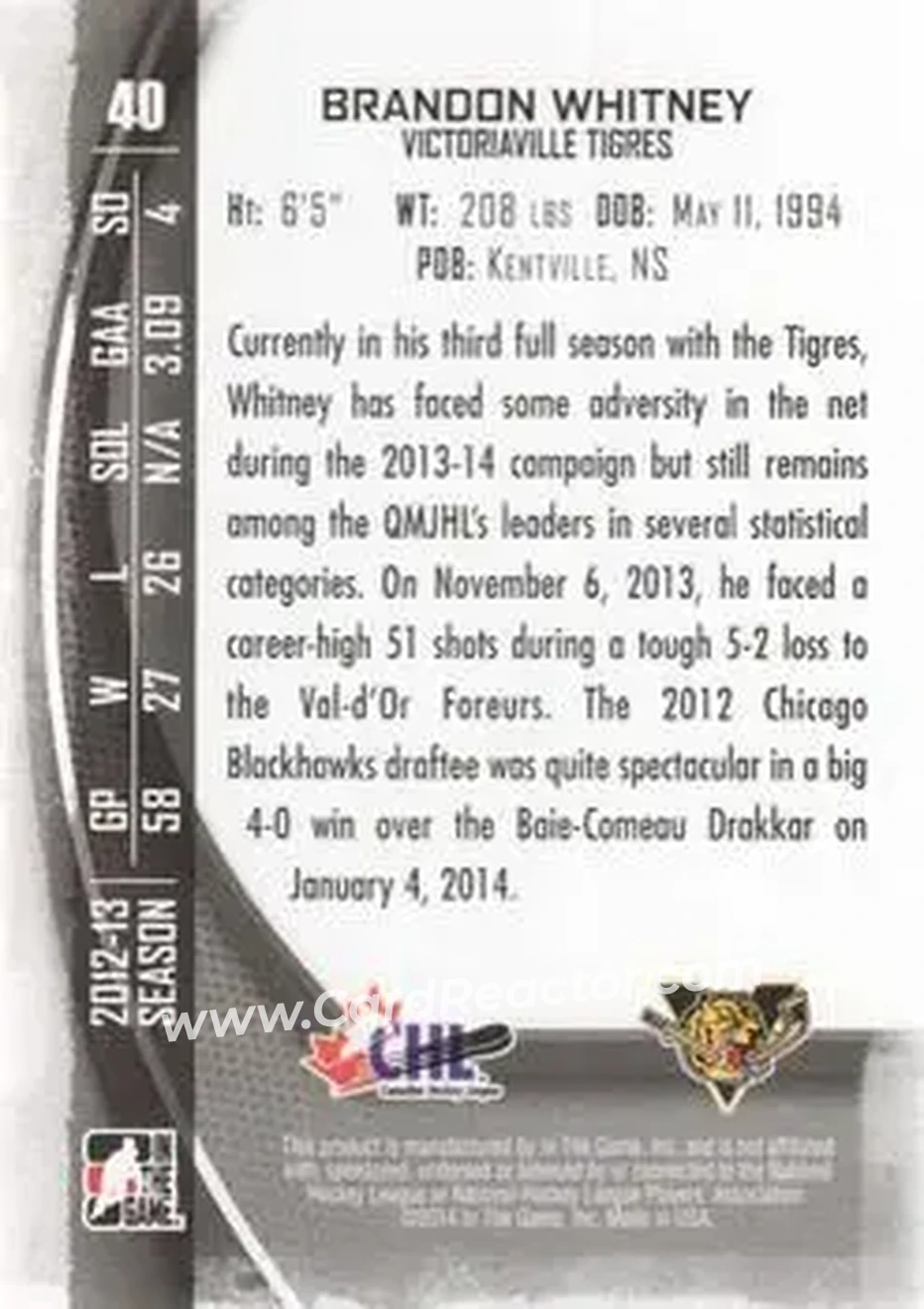 2013-14 In The Game Between the Pipes #40 - Brandon Whitney - Victoriaville Tigres - Back