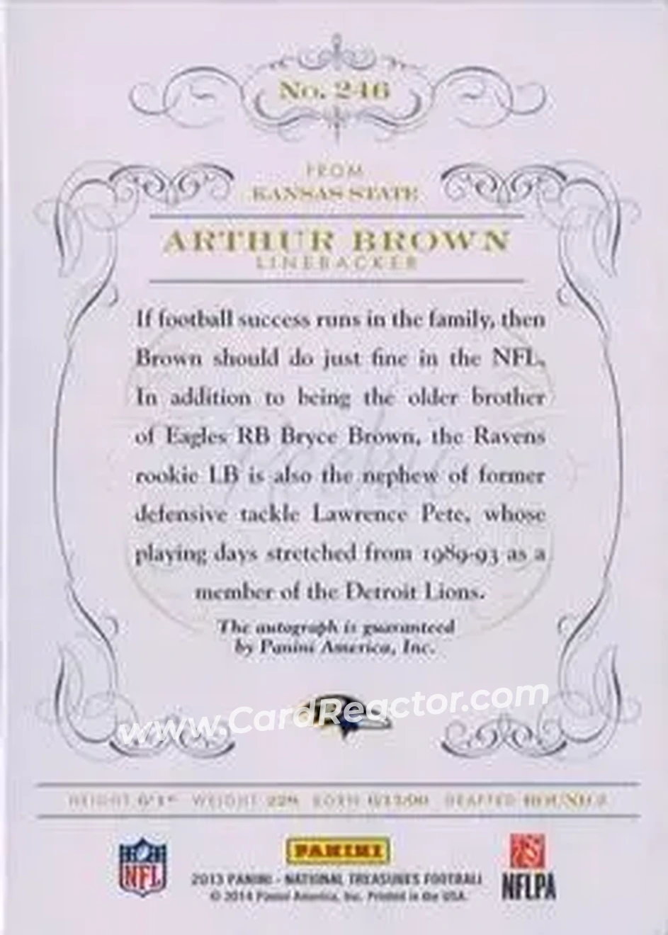 2013 Panini National Treasures - Century Blue #246 - Arthur Brown - Baltimore Ravens - Back