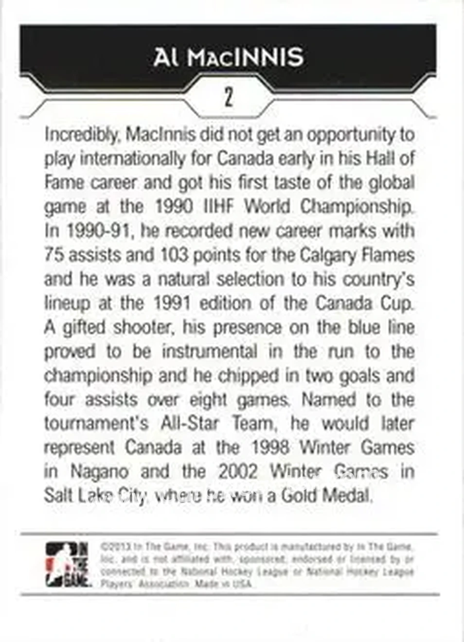 2013-14 In The Game Decades 1990s #2 - Al MacInnis - Canada - Back
