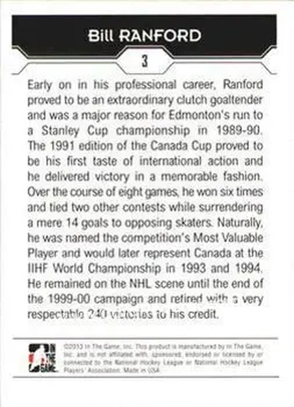 2013-14 In The Game Decades 1990s #3 - Bill Ranford - Canada - Back