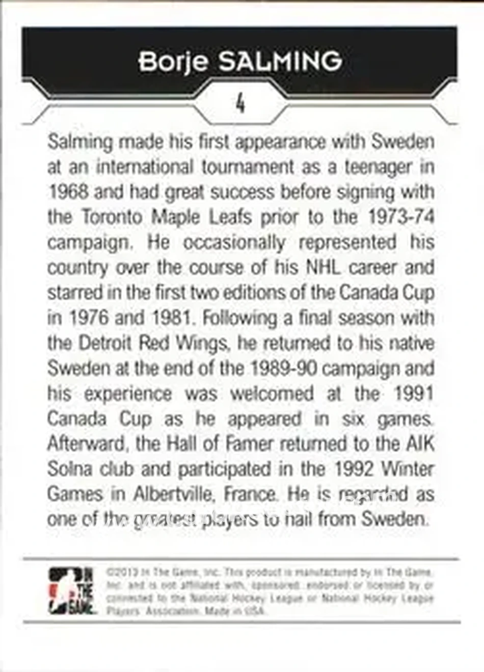 2013-14 In The Game Decades 1990s #4 - Borje Salming - Sweden - Back