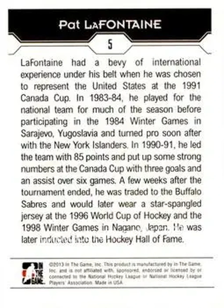 2013-14 In The Game Decades 1990s #5 - Pat LaFontaine - USA - Back