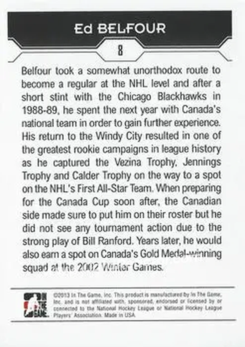2013-14 In The Game Decades 1990s #8 - Ed Belfour - Canada - Back