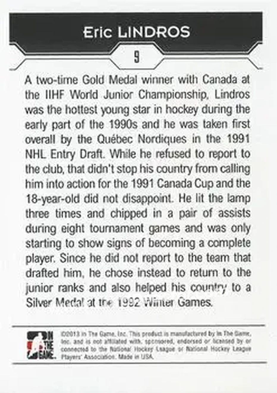 2013-14 In The Game Decades 1990s #9 - Eric Lindros - Canada - Back