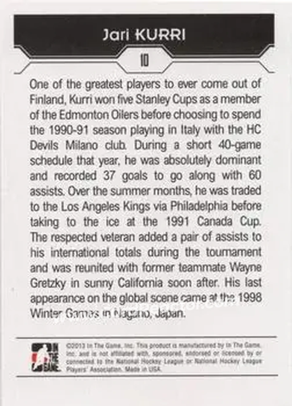 2013-14 In The Game Decades 1990s #10 - Jari Kurri - Finland - Back