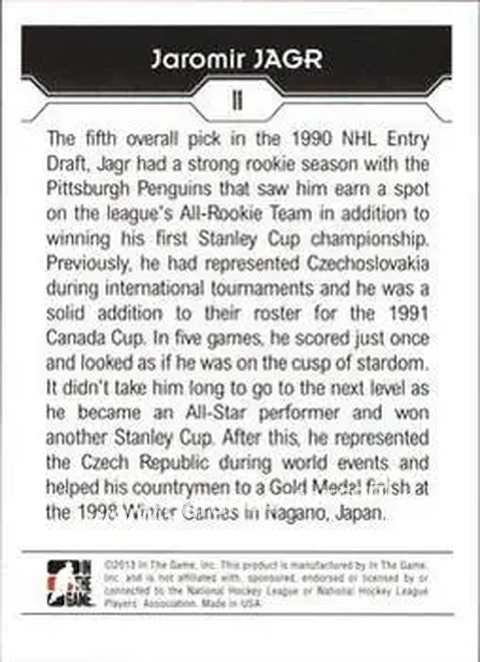 2013-14 In The Game Decades 1990s #11 - Jaromir Jagr - Czechoslovakia - Back