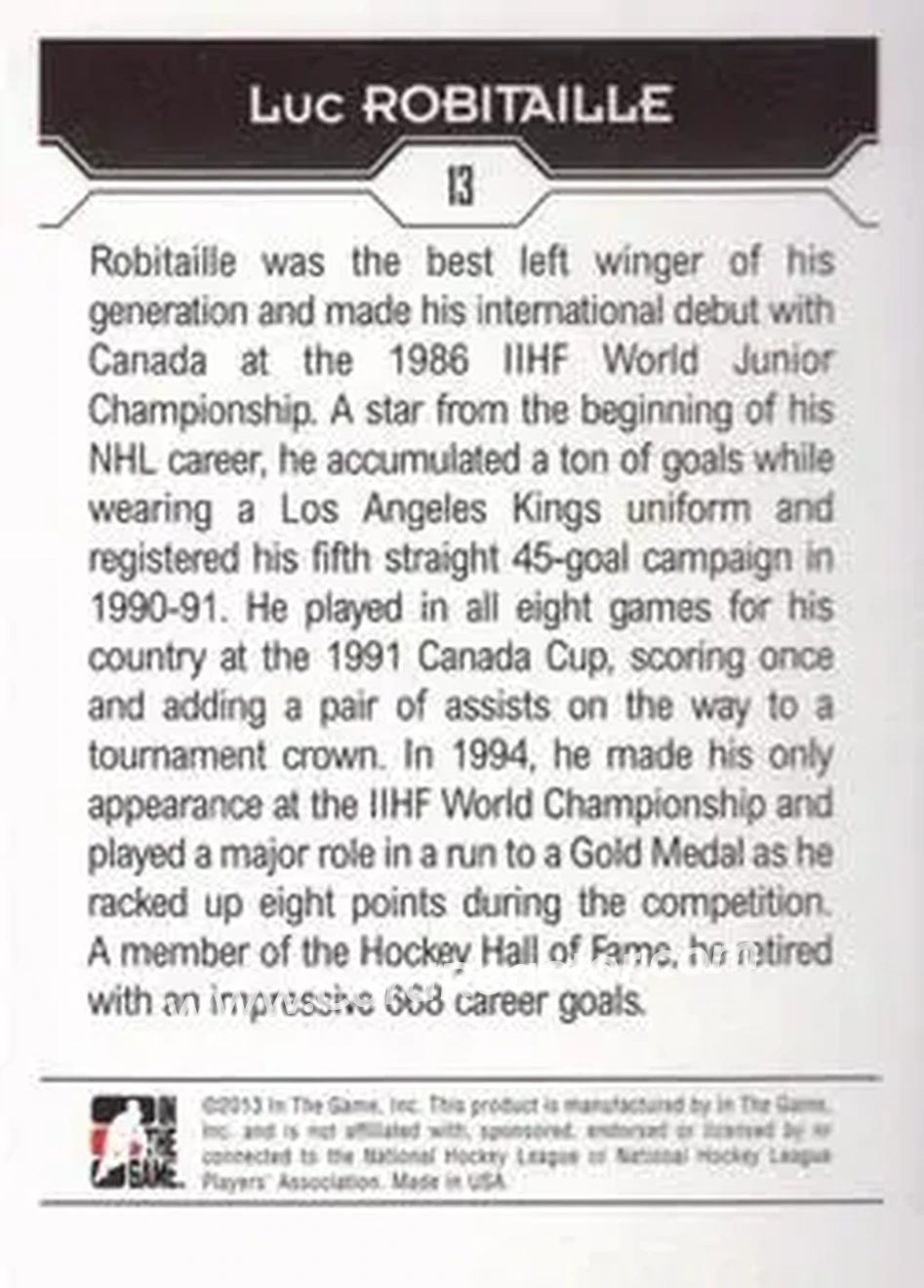 2013-14 In The Game Decades 1990s #13 - Luc Robitaille - Canada - Back