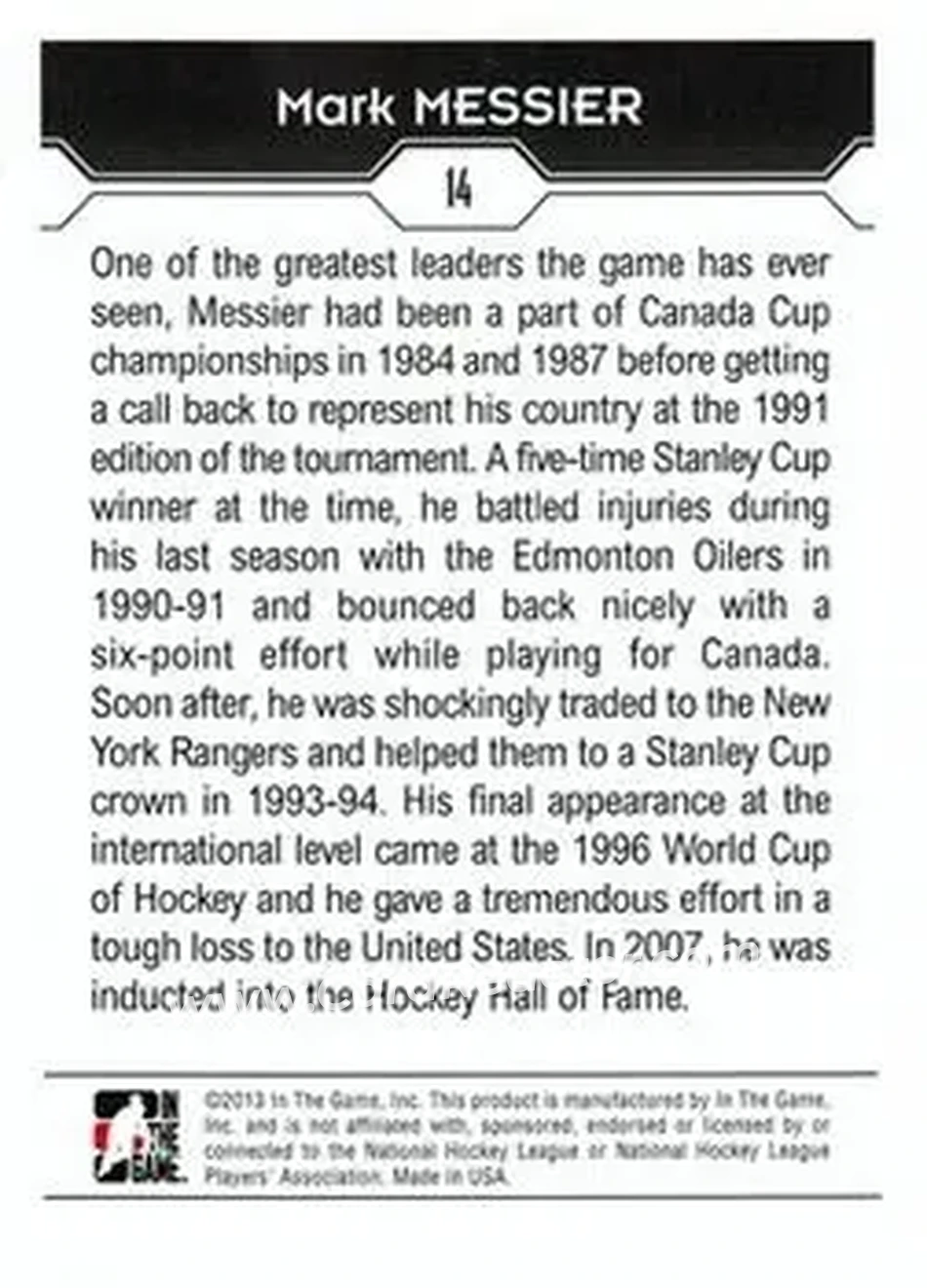 2013-14 In The Game Decades 1990s #14 - Mark Messier - Canada - Back 2013-14 In The Game Decades 1990s #14 - Mark Messier - Canada - Back