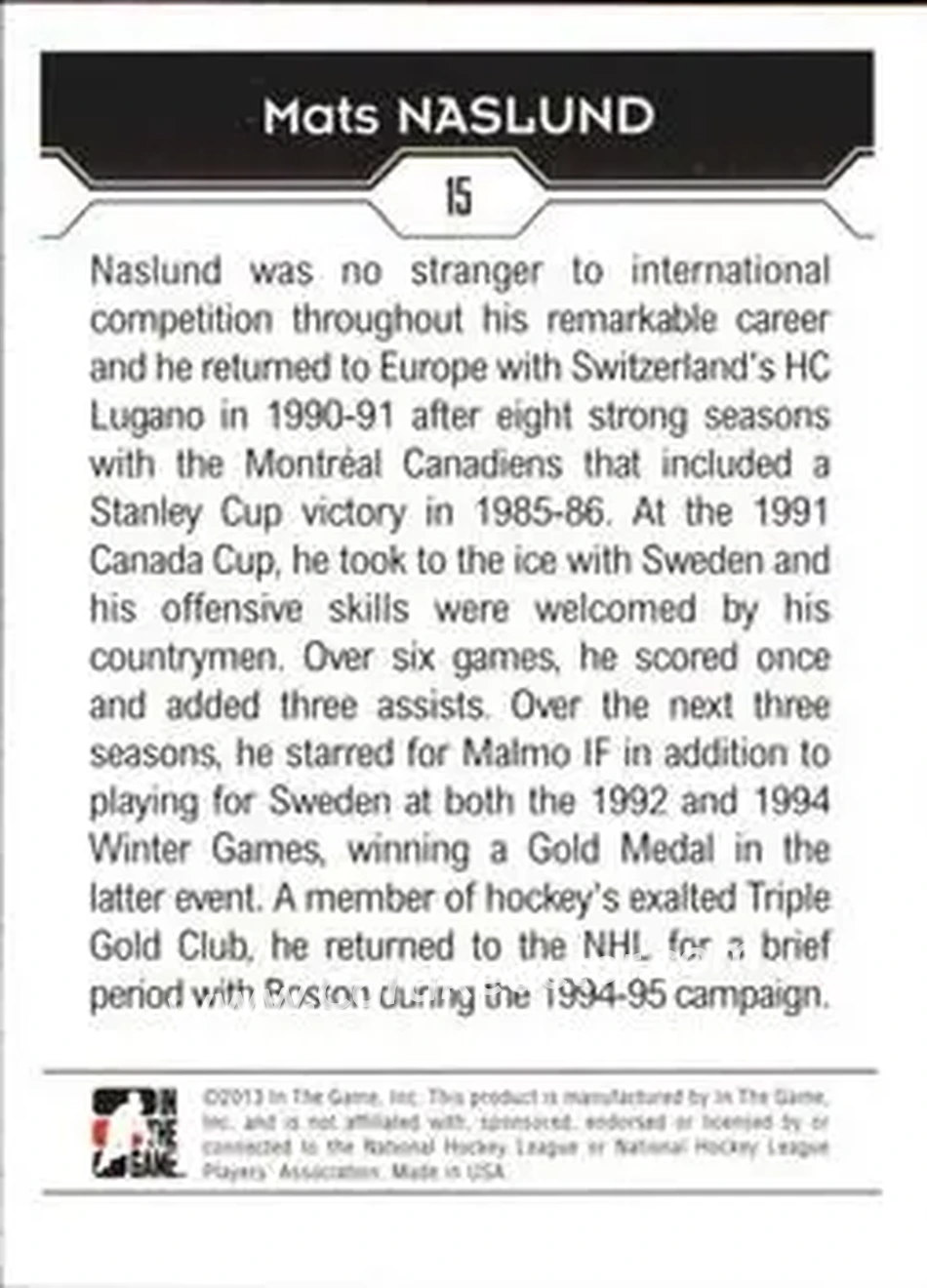 2013-14 In The Game Decades 1990s #15 - Mats Naslund - Sweden - Back