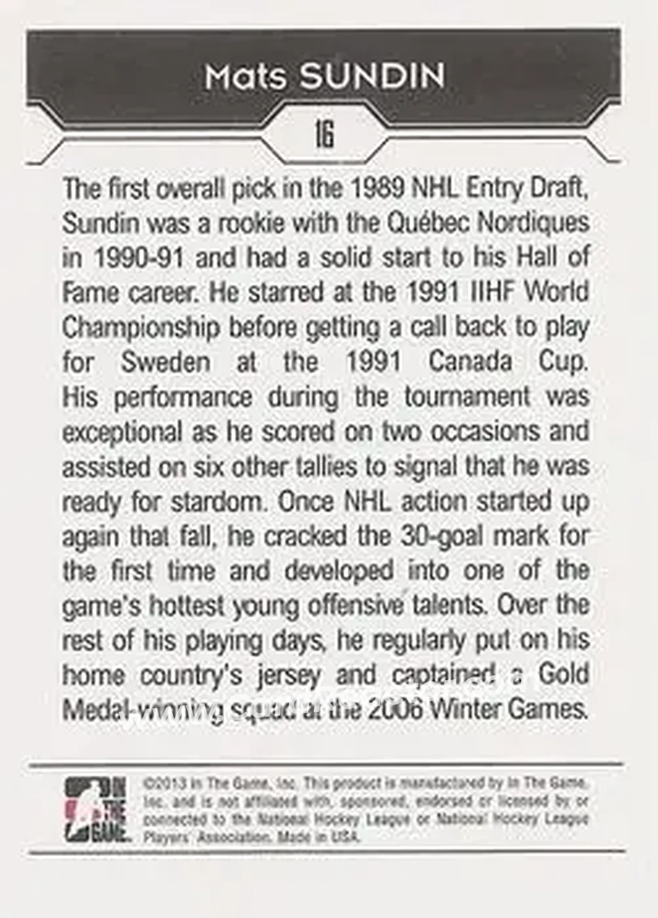 2013-14 In The Game Decades 1990s #16 - Mats Sundin - Sweden - Back