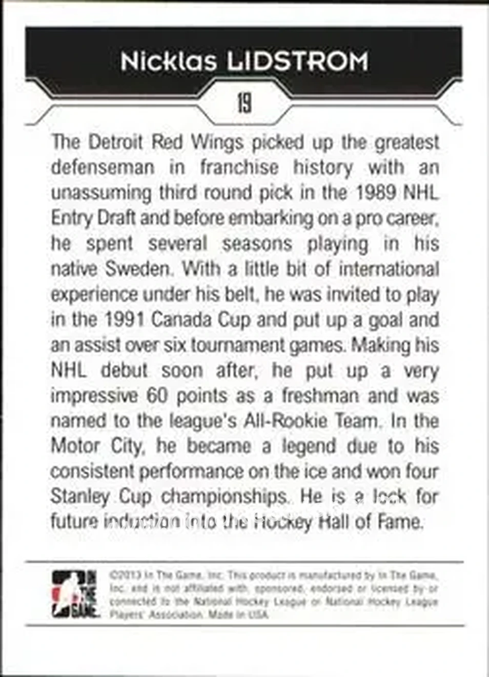 2013-14 In The Game Decades 1990s #19 - Nicklas Lidstrom - Sweden - Back