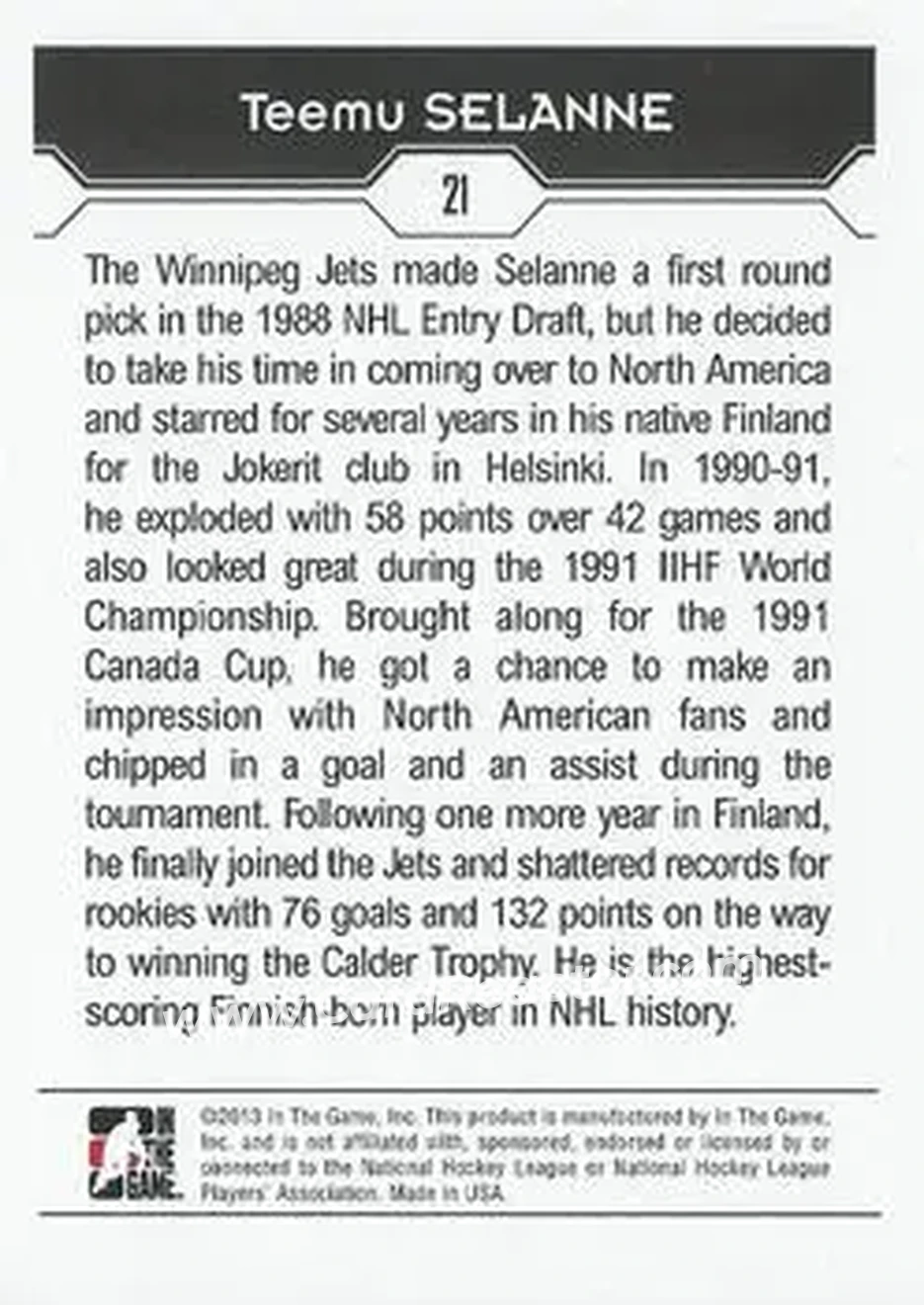 2013-14 In The Game Decades 1990s #21 - Teemu Selanne - Finland - Back