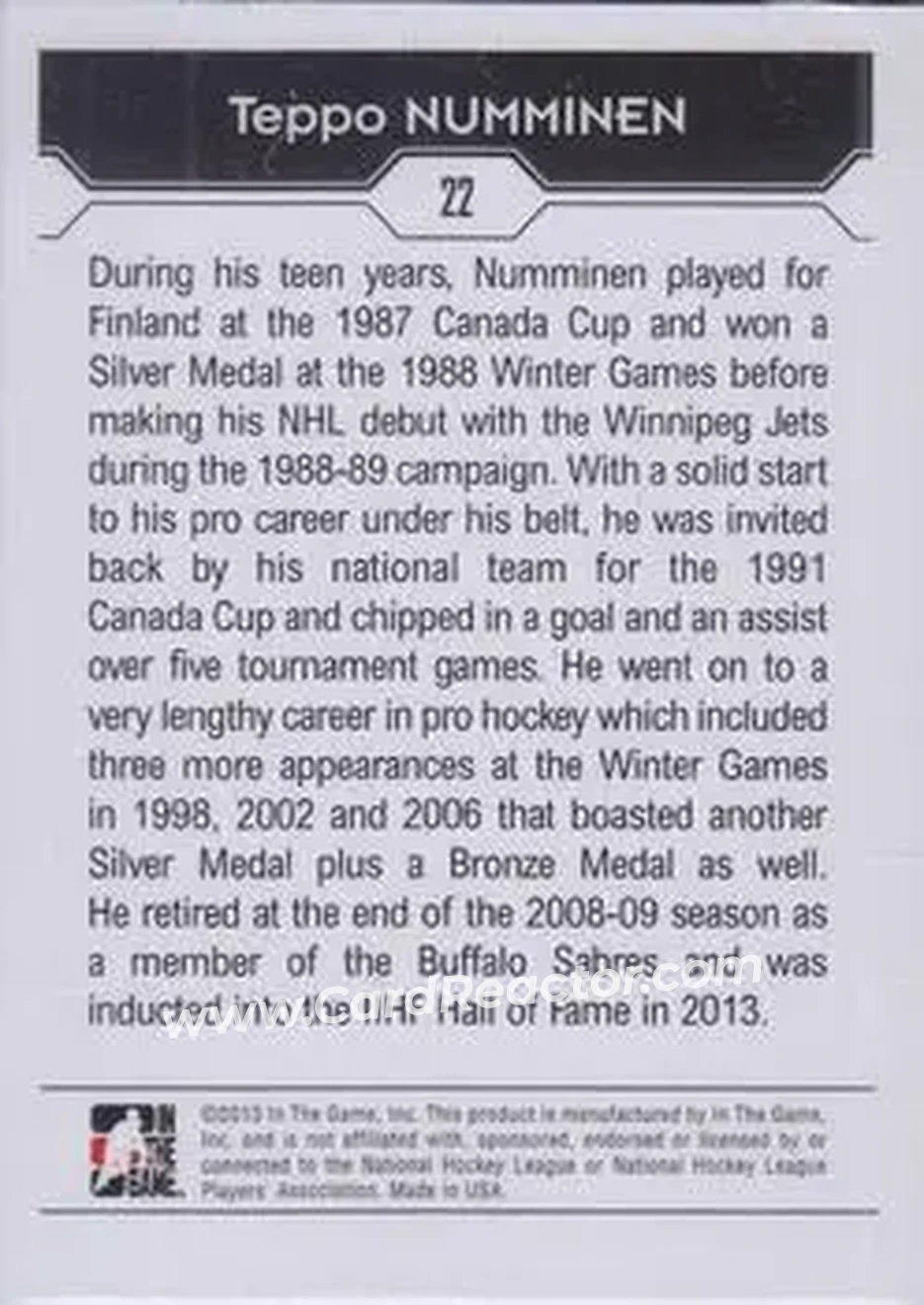 2013-14 In The Game Decades 1990s #22 - Teppo Numminen - Finland - Back 2013-14 In The Game Decades 1990s #22 - Teppo Numminen - Finland - Back