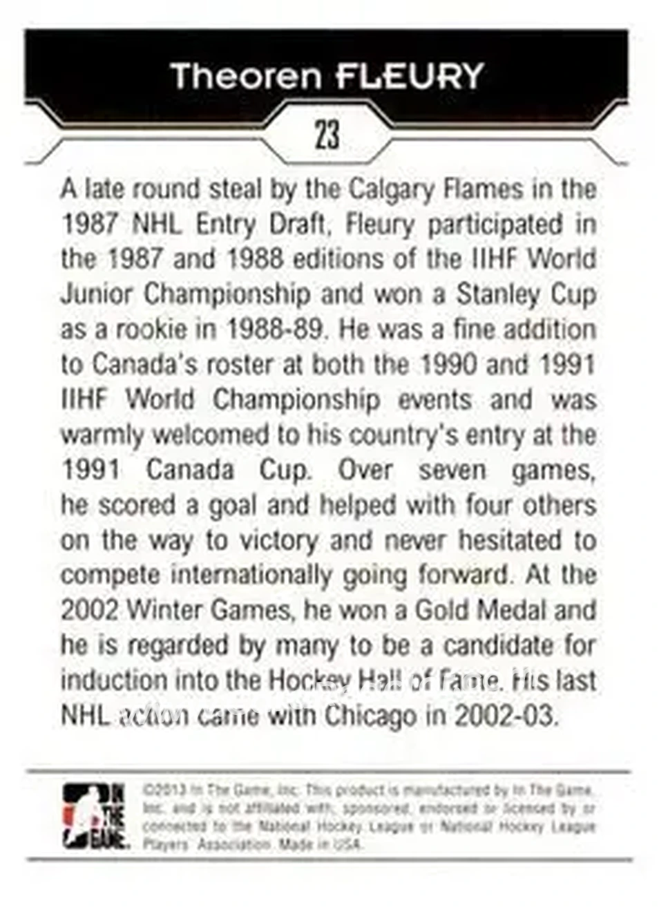 2013-14 In The Game Decades 1990s #23 - Theoren Fleury - Canada - Back