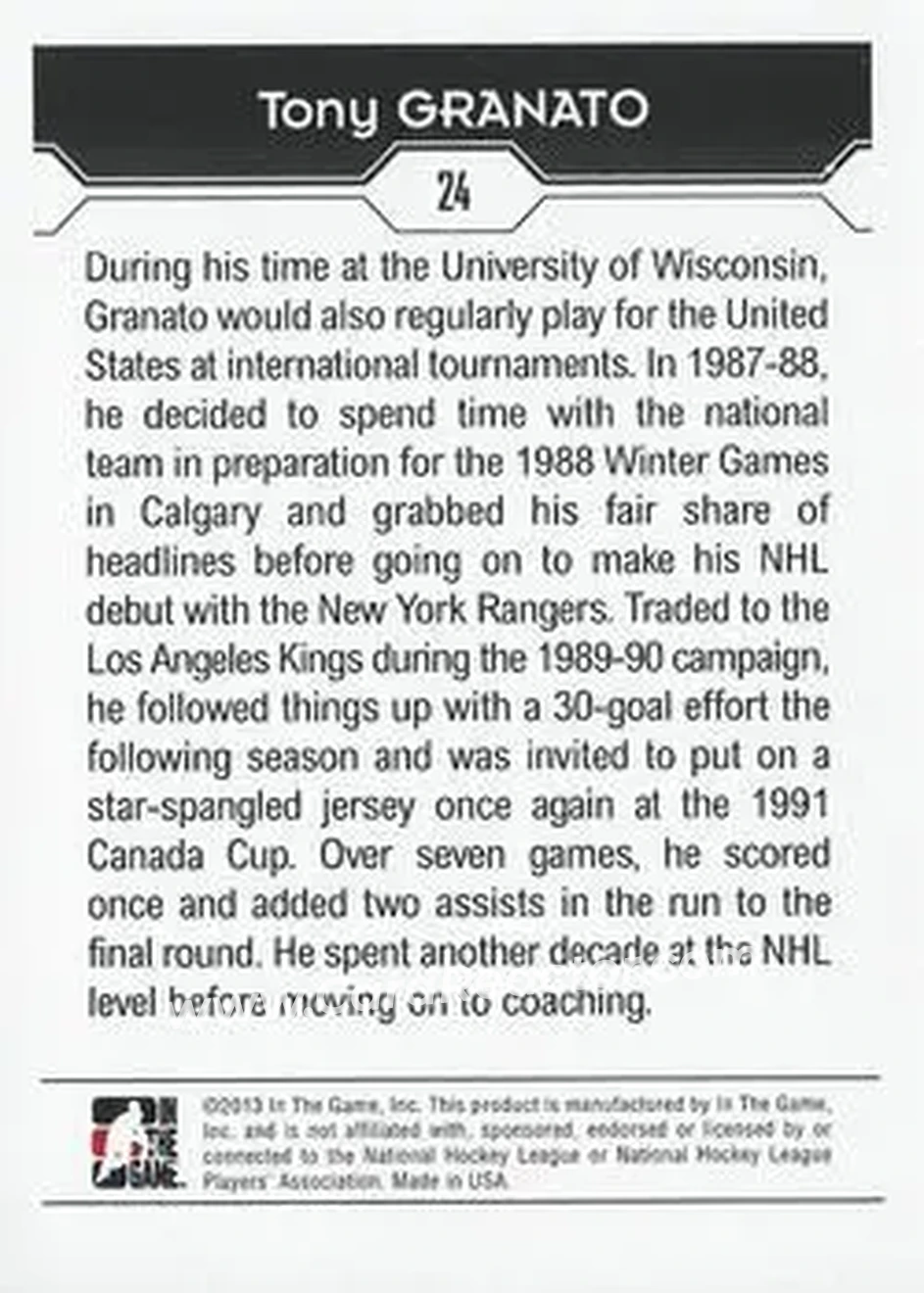 2013-14 In The Game Decades 1990s #24 - Tony Granato - USA - Back