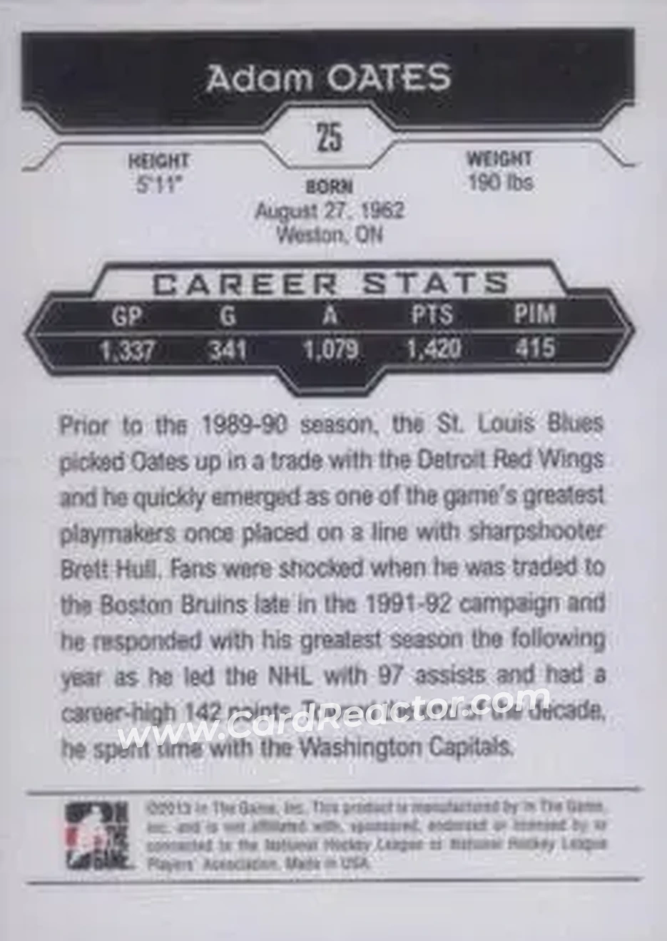 2013-14 In The Game Decades 1990s #25 - Adam Oates - Boston Bruins - Back