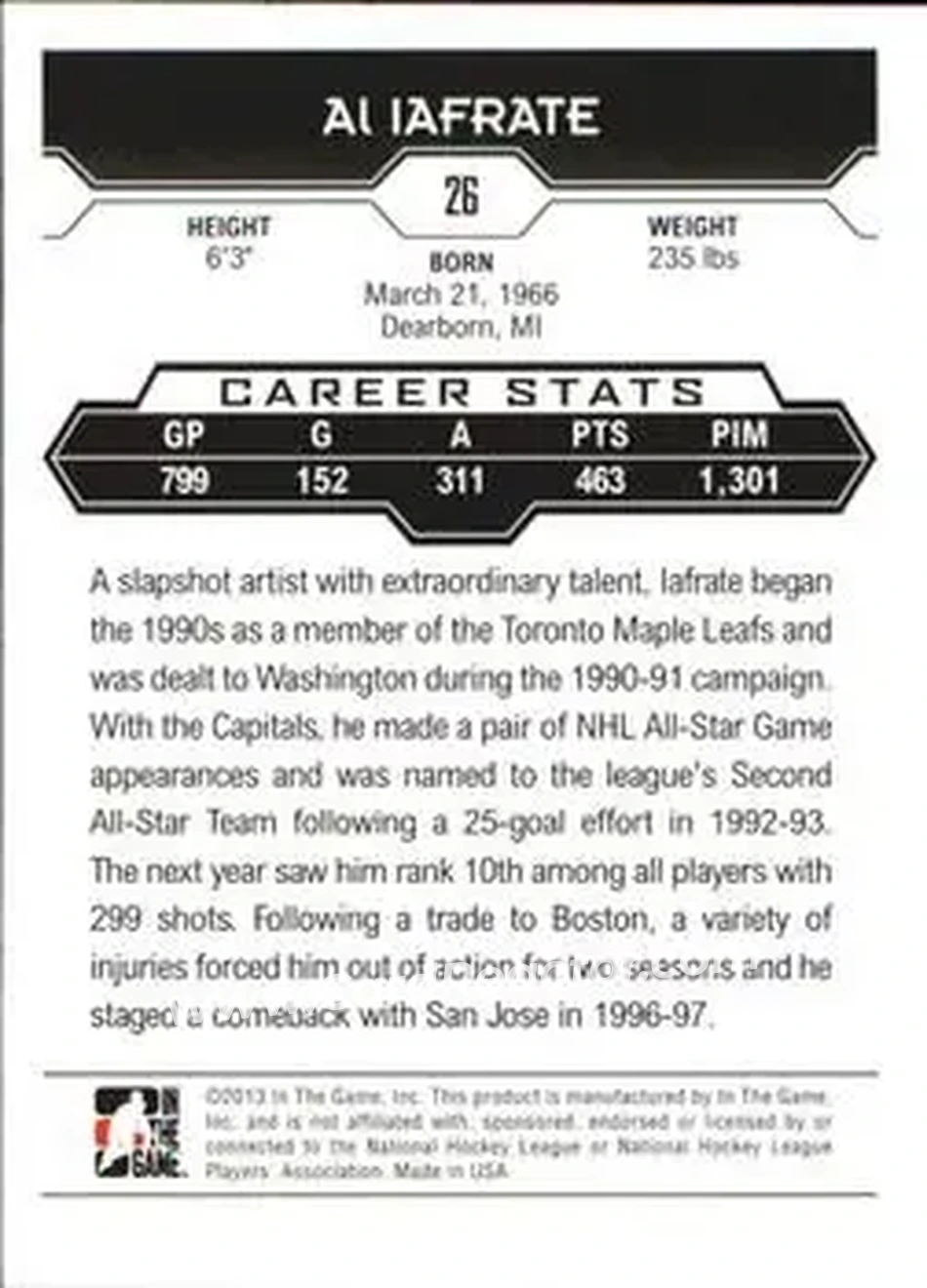 2013-14 In The Game Decades 1990s #26 - Al Iafrate - Toronto Maple Leafs - Back