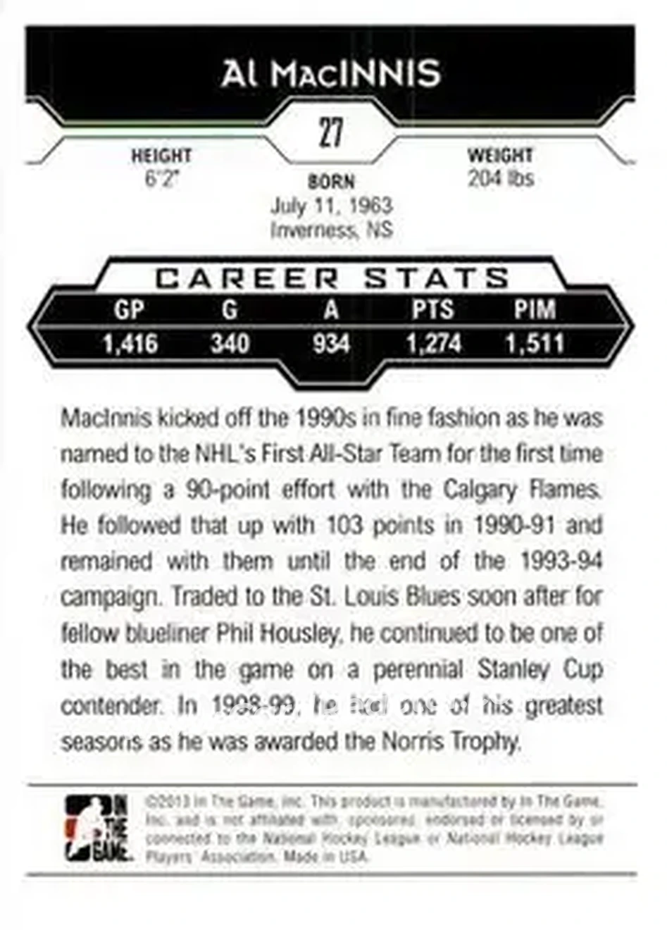 2013-14 In The Game Decades 1990s #27 - Al MacInnis - St. Louis Blues - Back