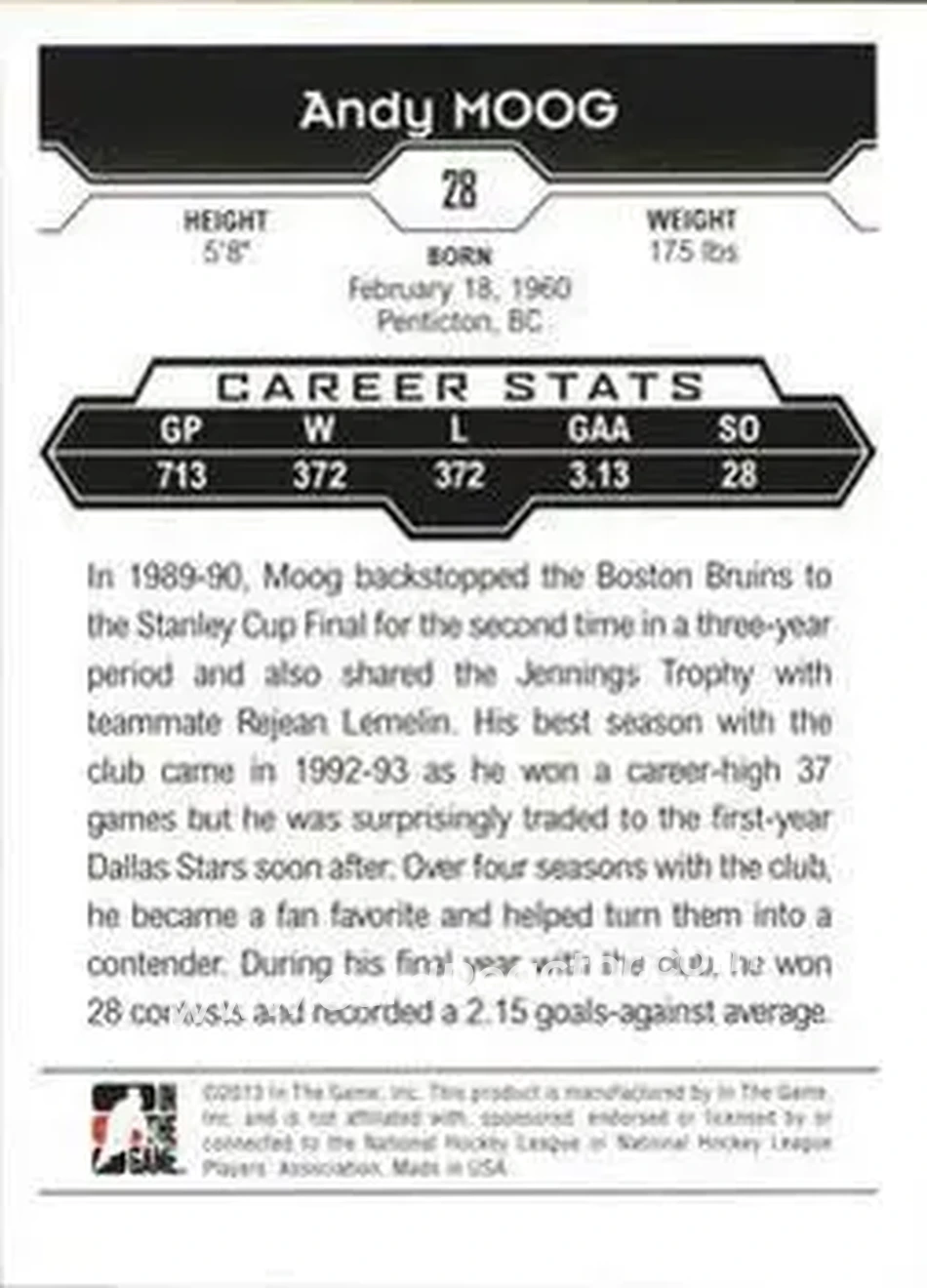 2013-14 In The Game Decades 1990s #28 - Andy Moog - Dallas Stars - Back