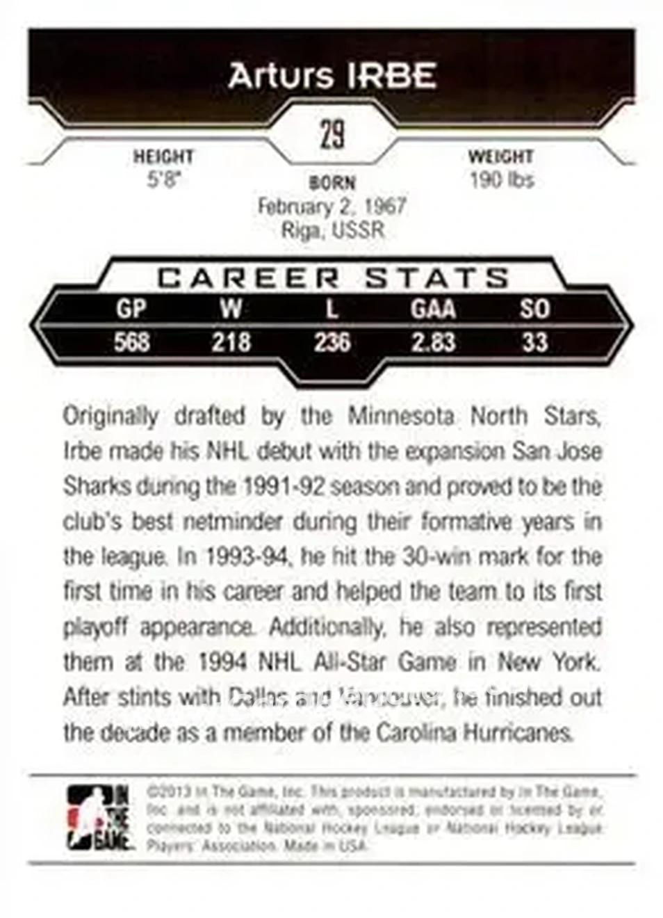 2013-14 In The Game Decades 1990s #29 - Arturs Irbe - San Jose Sharks - Back