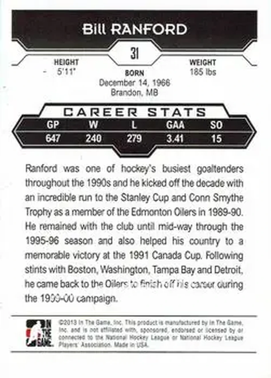 2013-14 In The Game Decades 1990s #31 - Bill Ranford - Edmonton Oilers - Back
