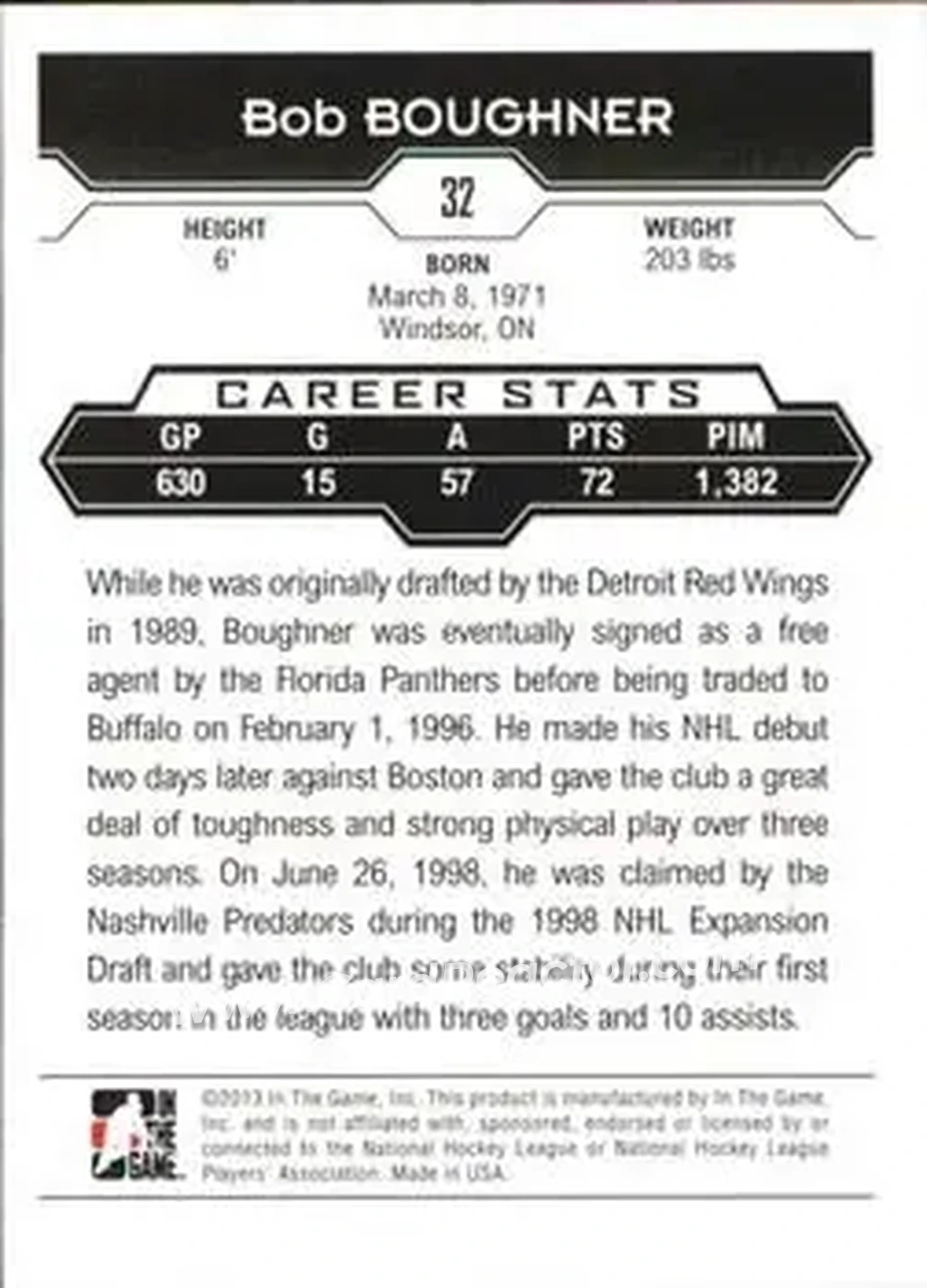2013-14 In The Game Decades 1990s #32 - Bob Boughner - Nashville Predators - Back