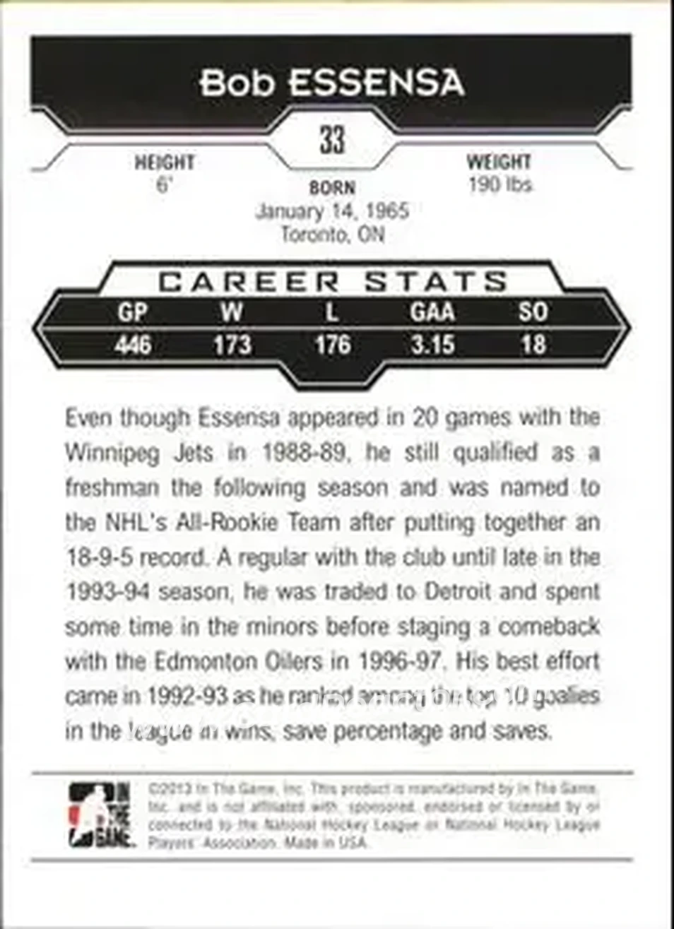 2013-14 In The Game Decades 1990s #33 - Bob Essensa - Winnipeg Jets - Back
