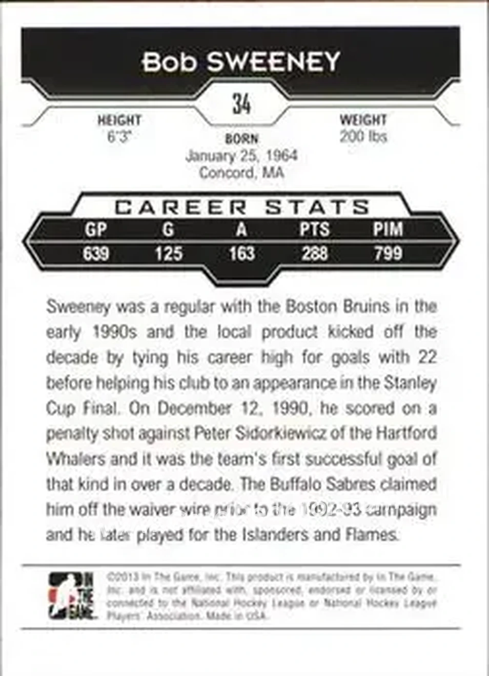 2013-14 In The Game Decades 1990s #34 - Bob Sweeney - Boston Bruins - Back