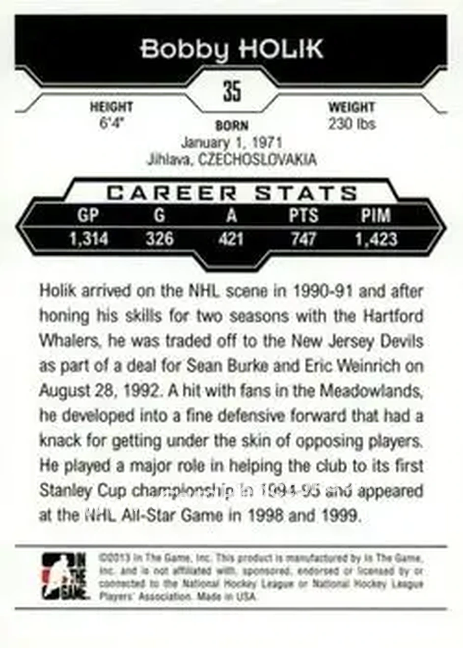 2013-14 In The Game Decades 1990s #35 - Bobby Holik - New Jersey Devils - Back