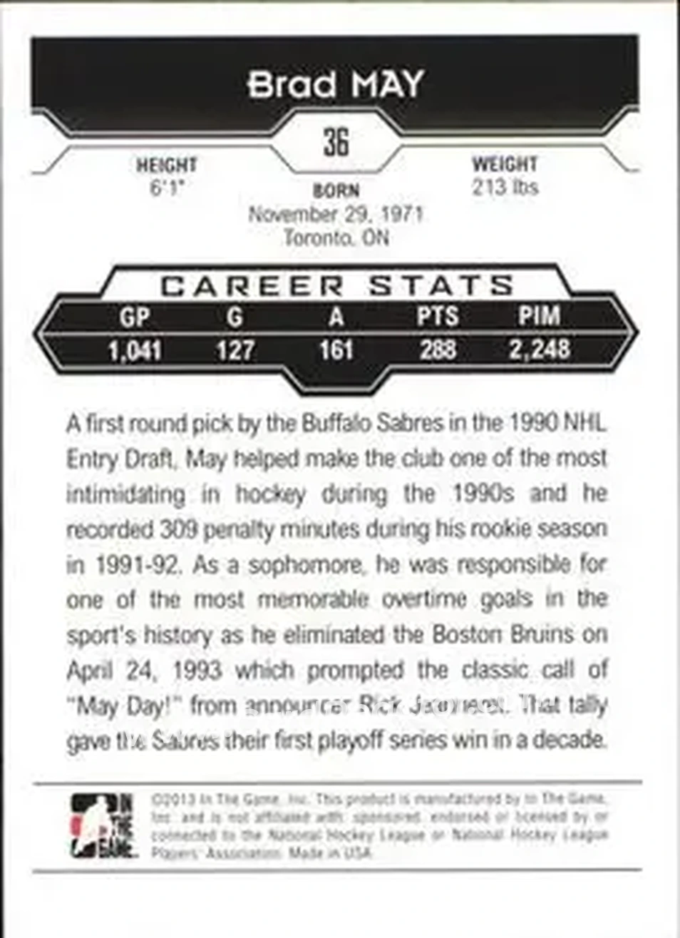 2013-14 In The Game Decades 1990s #36 - Brad May - Buffalo Sabres - Back